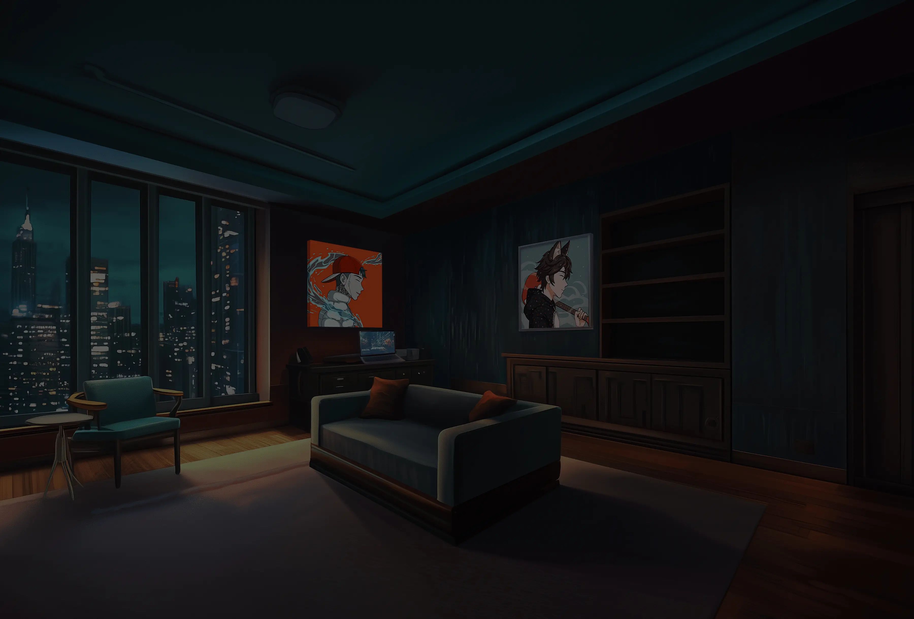 An anime styled scene of an apartment with Adaki artwork up on the walls